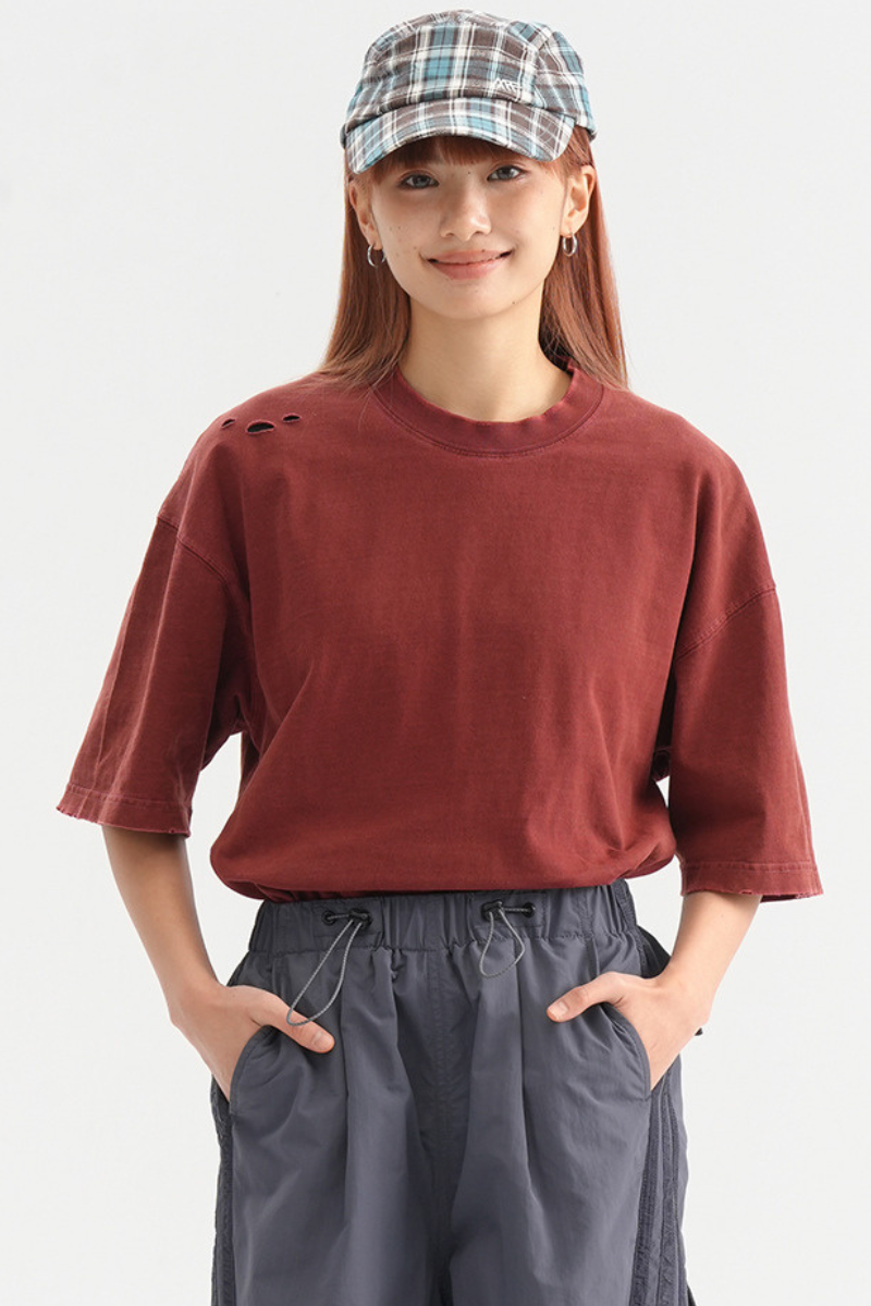 Men's Cotton Washed Distressed Hole Crewneck Tee