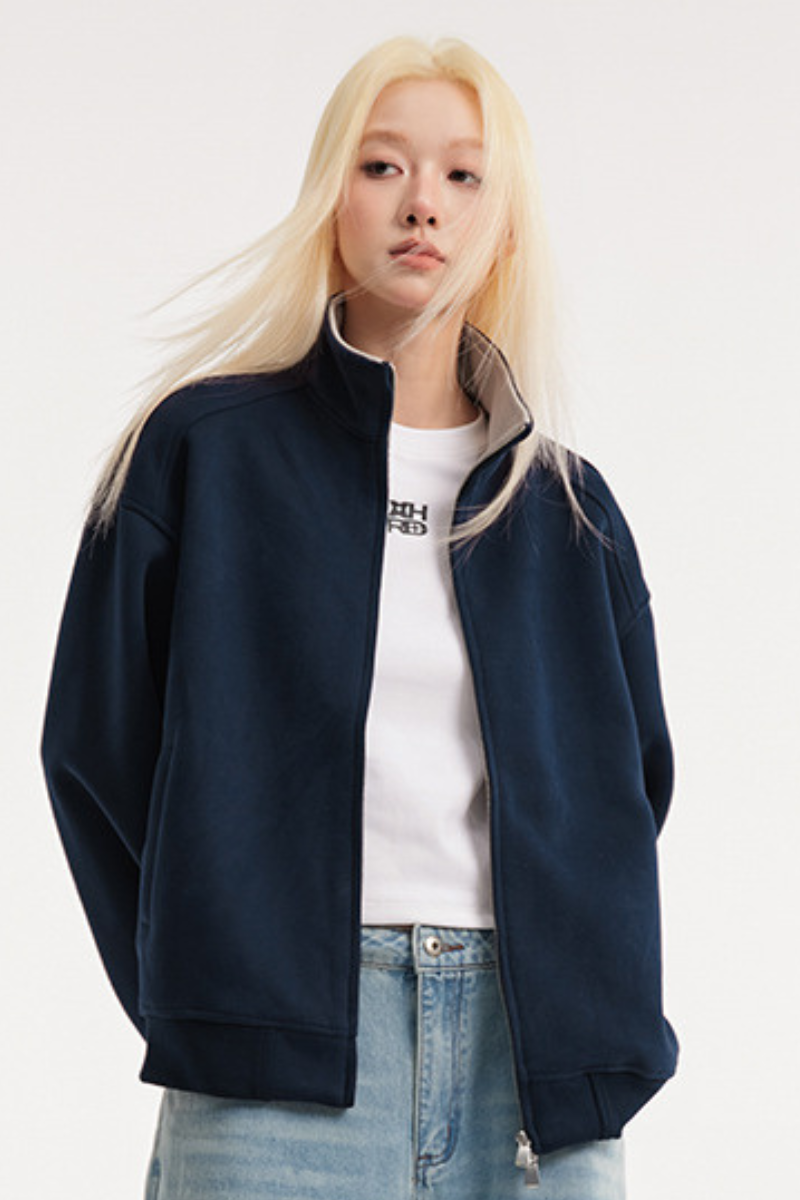 Unisex American Retro Stand Collar Zip Loose Hoodie Cleanfit