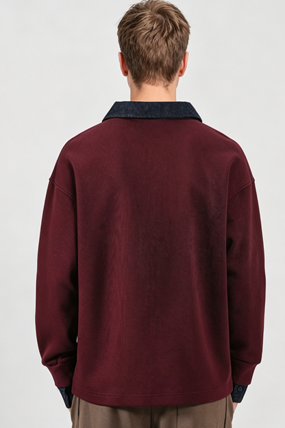 Men's Fall Winter Fleece-Lined Denim-Collar Polo Sweatshirt