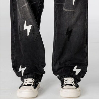 Men's Spring Washed Black & White Lightning Wide Leg Jeans