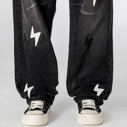 Men's Spring Washed Black & White Lightning Wide Leg Jeans