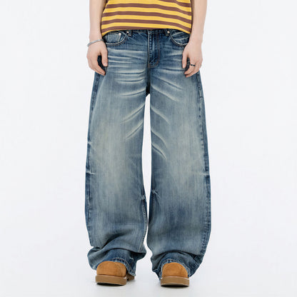 Men's Spring Vintage Blue Cat Whisker Wide-Leg Denim Jeans