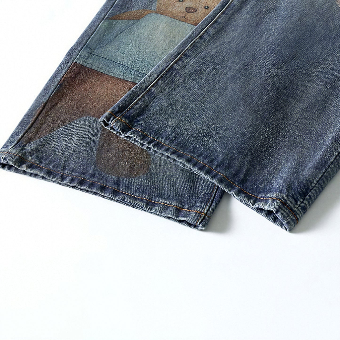 Men's Spring Light Blue Teddy Print Wide Leg Denim Jeans