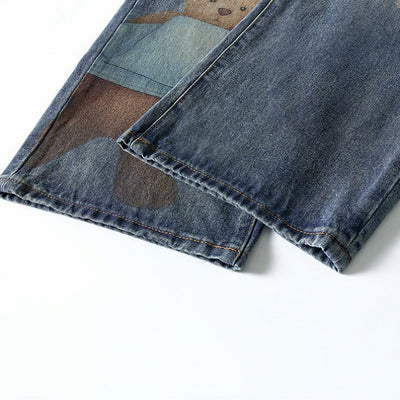 Men's Spring Light Blue Teddy Print Wide Leg Denim Jeans