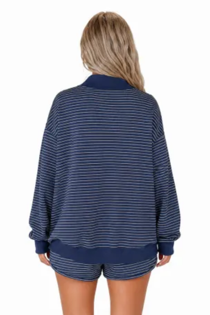 Women Fall Striped Mock Neck Sweatshirt Shorts 2 Piece Set