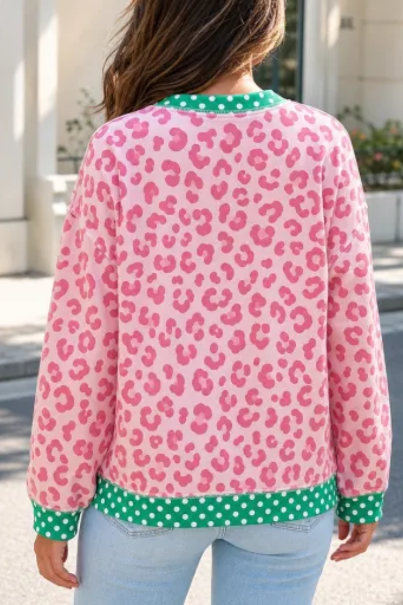 Women Spring Leopard Polka Dot Loose Fit Sweatshirt