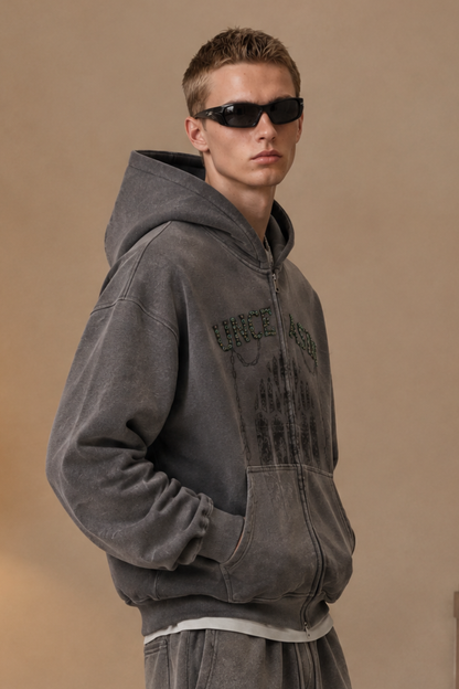 Men Fall Clothing Rhinestone Washed Boxy Zip Hoodie