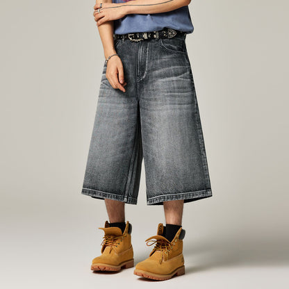 Men's Summer Gradient Cat Whisker Wide-Leg Denim Shorts