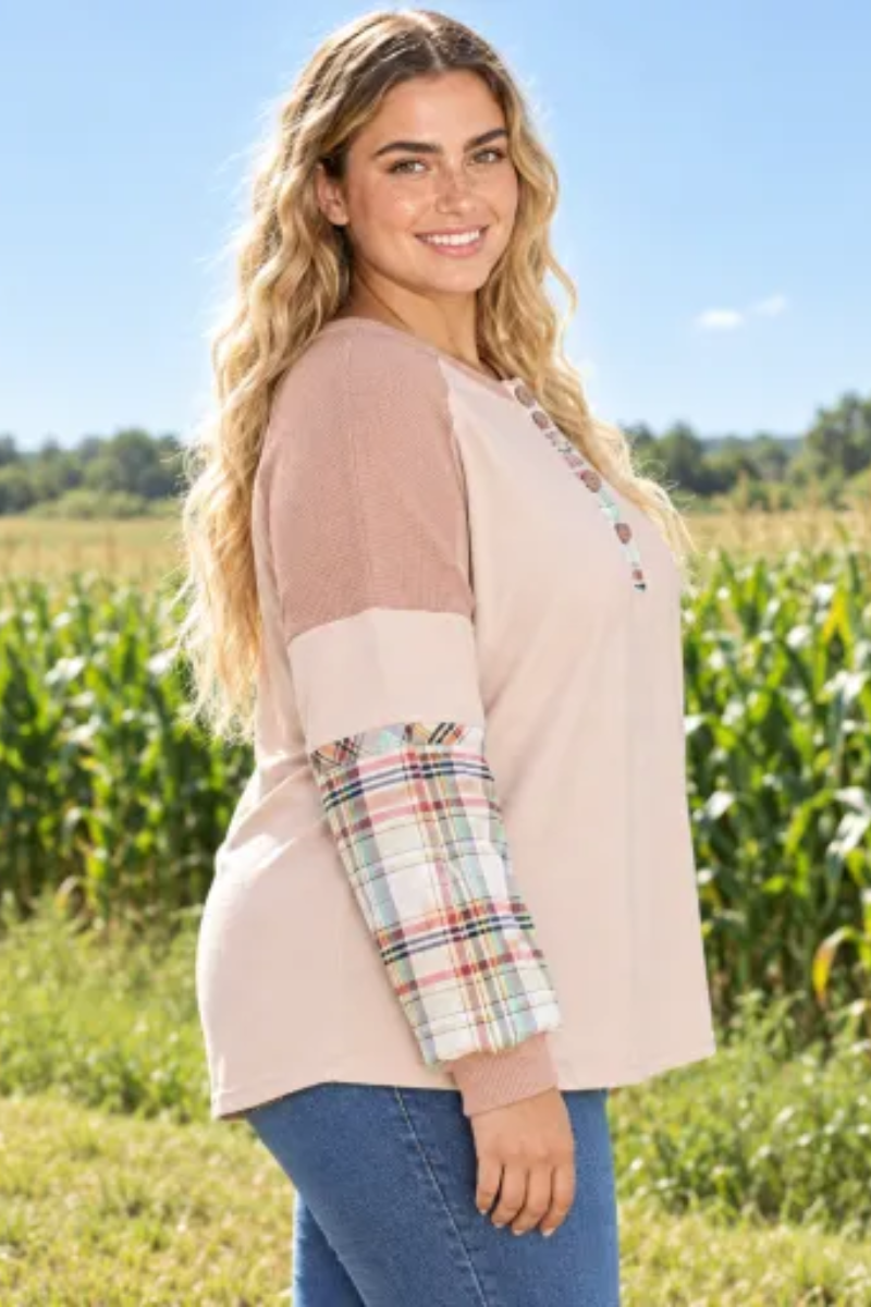 Women Fall Clothing Plus Size Plaid Sleeve Henley Top
