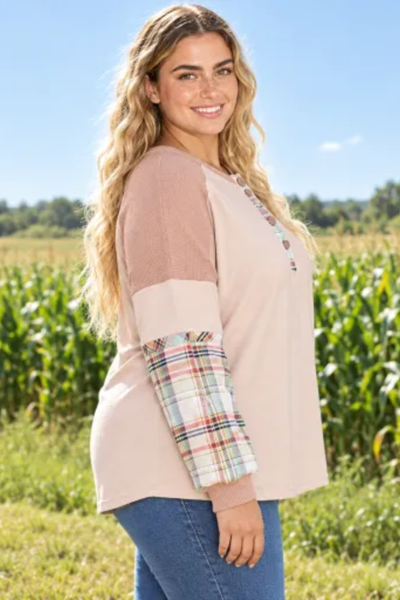 Women Fall Clothing Plus Size Plaid Sleeve Henley Top