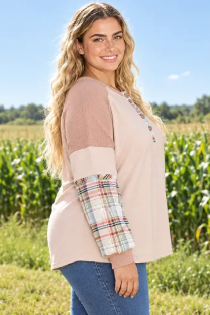Women Fall Clothing Plus Size Plaid Sleeve Henley Top