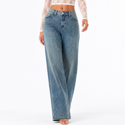 Women's High Waist Rhinestone Embellished Straight Leg Jeans