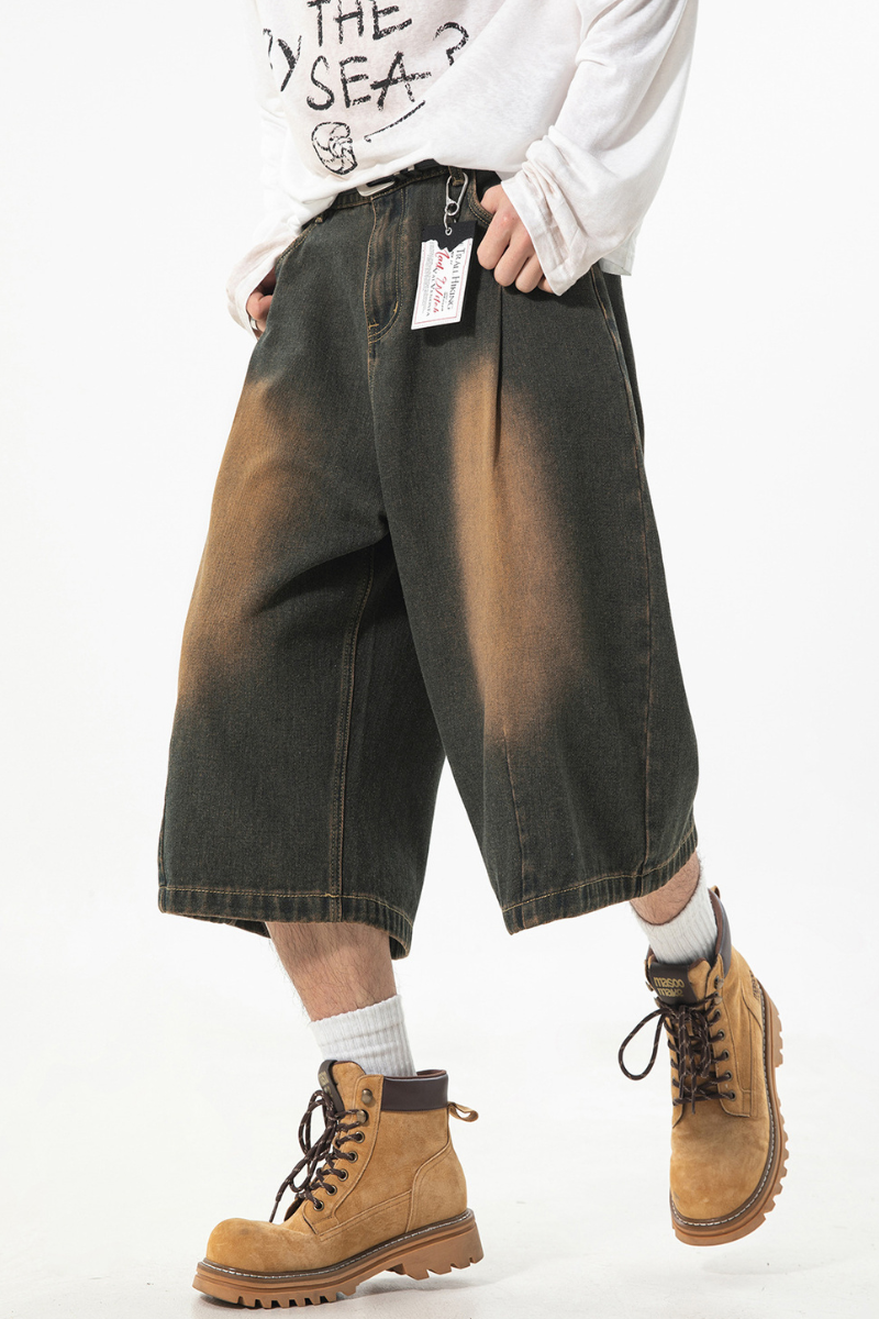 Men's Summer Washed Pleated Straight Cropped Denim Shorts
