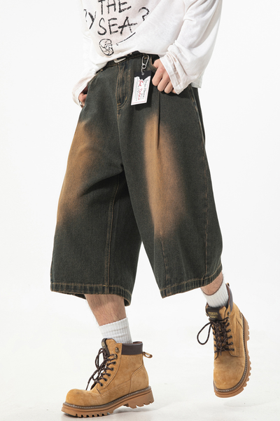 Men's Summer Washed Pleated Straight Cropped Denim Shorts