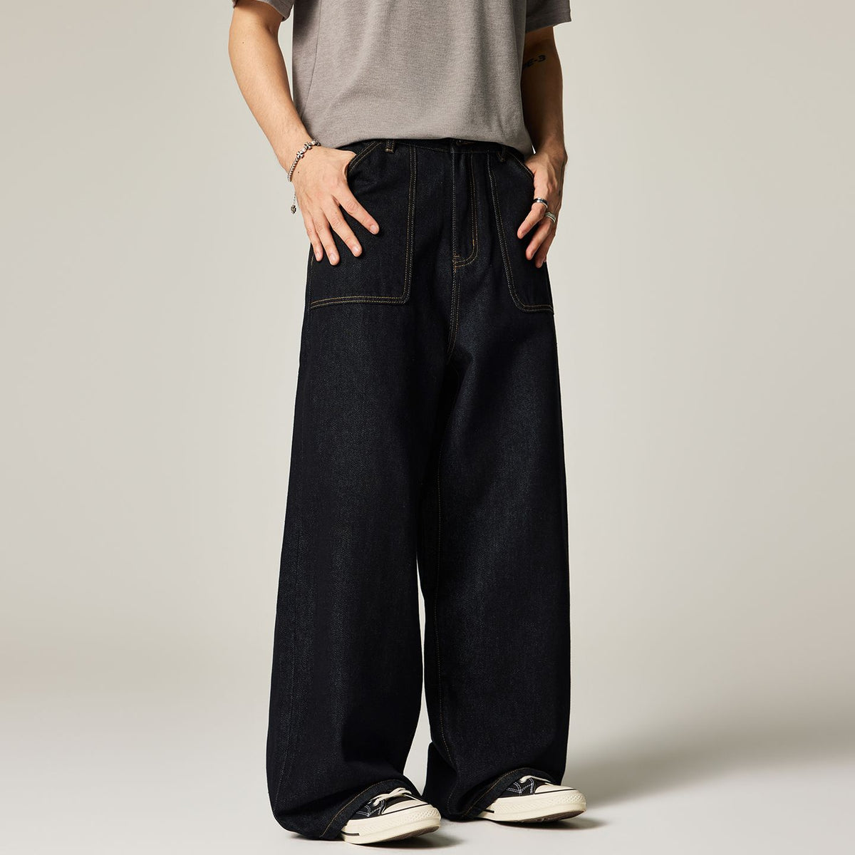 Men's Spring Contrast Stitch Wide-Leg Denim Jeans