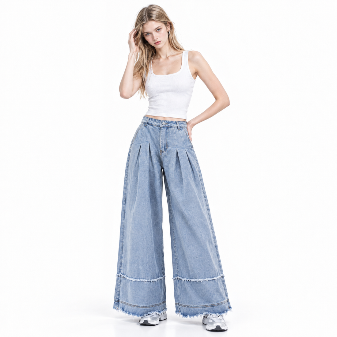 Women's High Waist Pleated Wide Leg Jeans