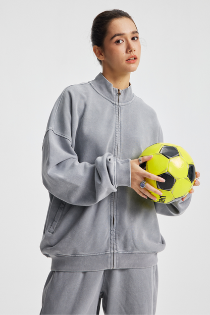 Women's Cotton Streetwear Wax-Dyed Washed Stand Collar Distressed Jacket