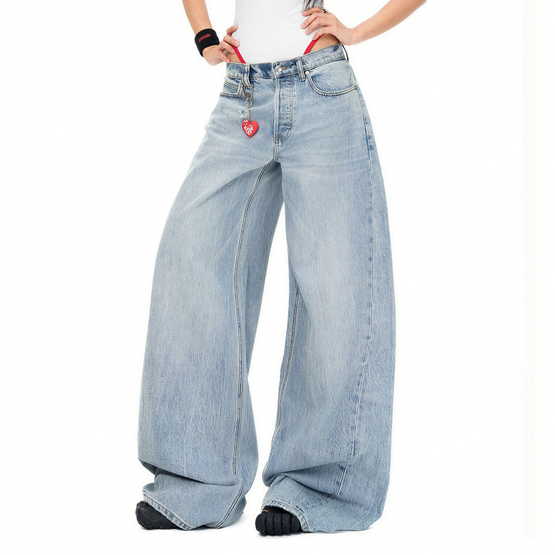 Women's Spring Washed Draped Ultra Wide-Leg Denim Jeans