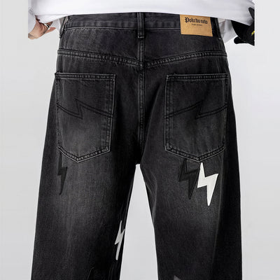 Men's Spring Washed Black & White Lightning Wide Leg Jeans