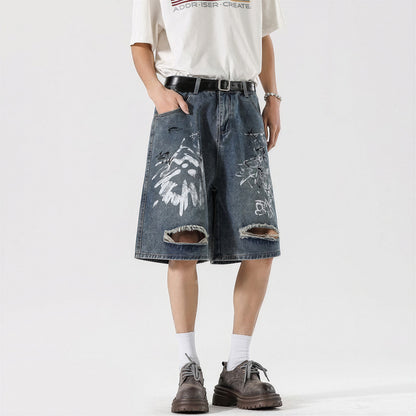 Men's Summer Graffiti Ripped Washed Baggy Denim Shorts