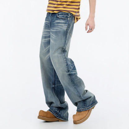 Men's Spring Vintage Blue Cat Whisker Wide-Leg Denim Jeans