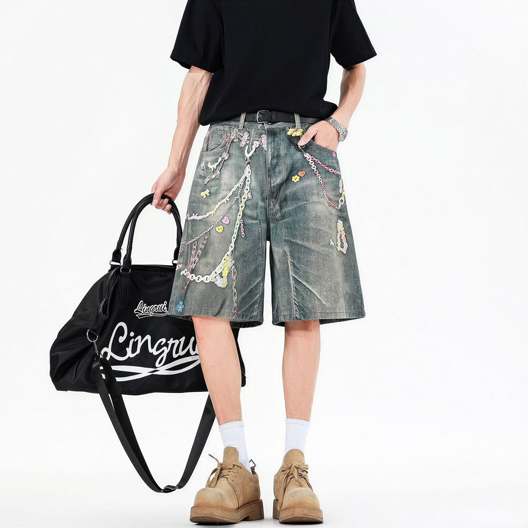 Men's Summer Vintage Washed Graffiti Print Denim Shorts