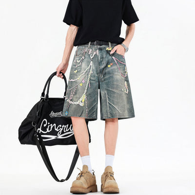 Men's Summer Vintage Washed Graffiti Print Denim Shorts