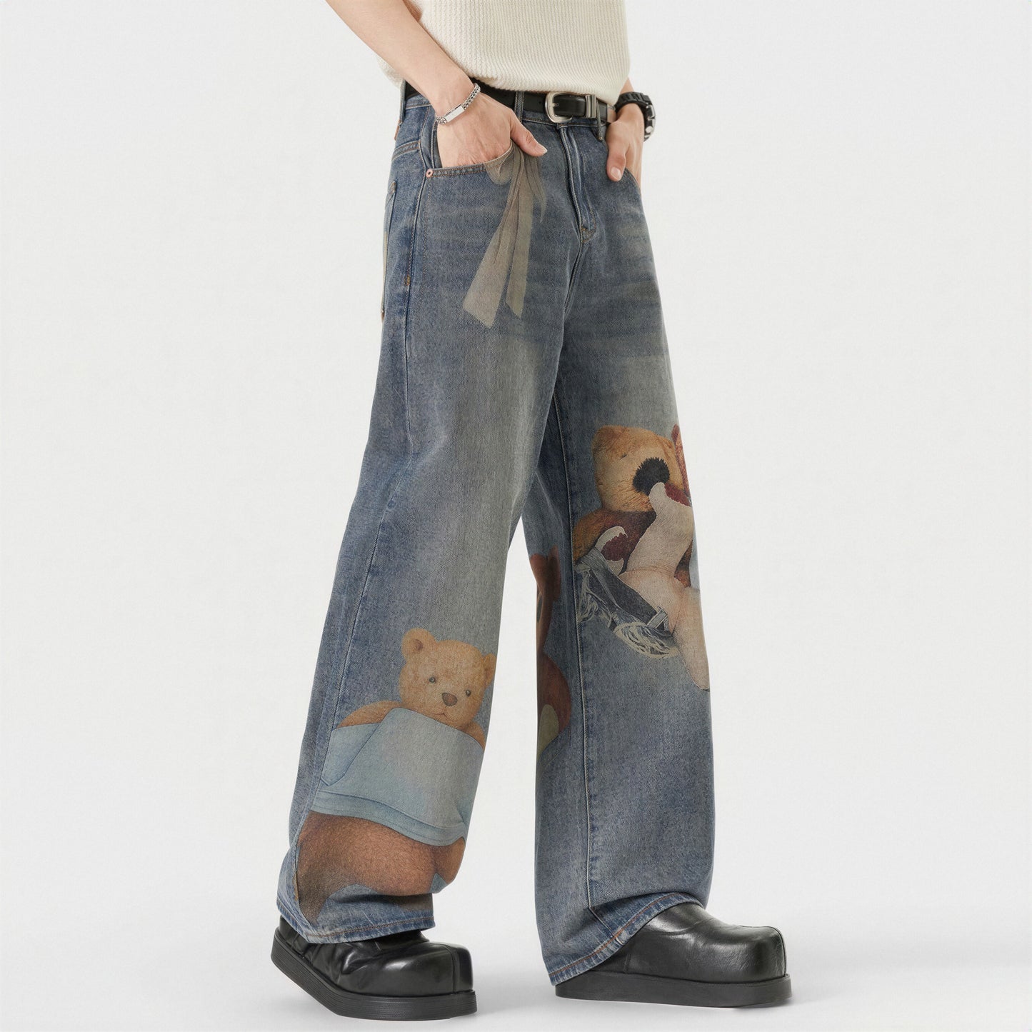 Men's Spring Light Blue Teddy Print Wide Leg Denim Jeans