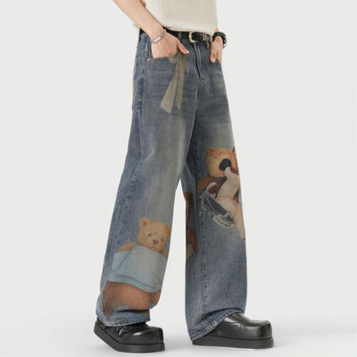 Men's Spring Light Blue Teddy Print Wide Leg Denim Jeans