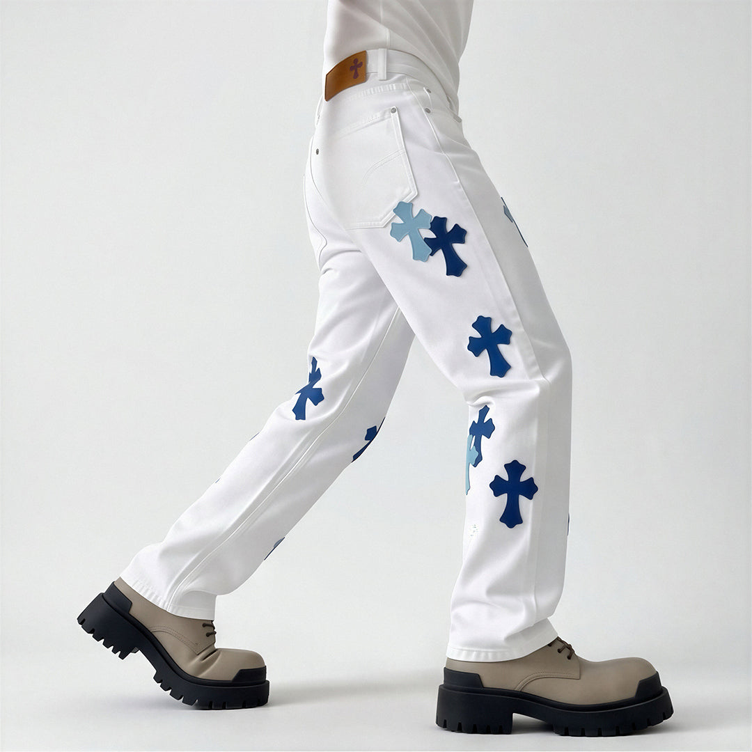 Men's Spring White Cross Patch Wide-Leg Denim Jeans