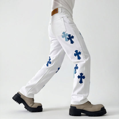 Men's Spring White Cross Patch Wide-Leg Denim Jeans