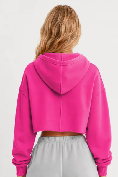 Women Spring Raw Edge V Neck Cropped Pullover Hoodie