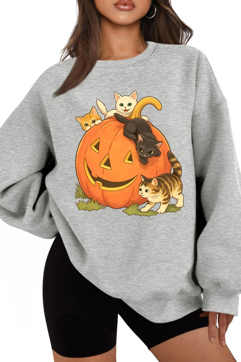 Women Fall Halloween Cat Pumpkin Oversized Sweatshirt