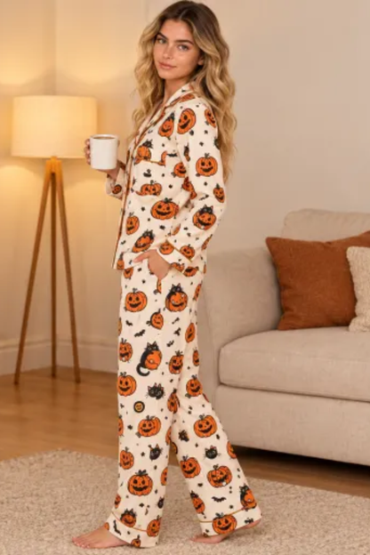 Women Fall Clothing Halloween Pumpkin Cat Pajama Set