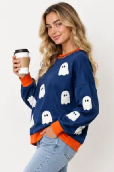 Women Fall Clothing Halloween Ghost Patch Sweatshirt