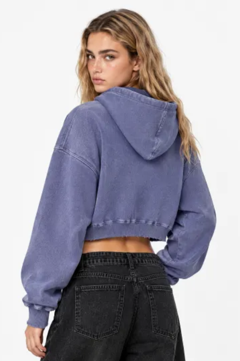 Women Fall Clothing Snow Washed Cropped Heavyweight Hoodie