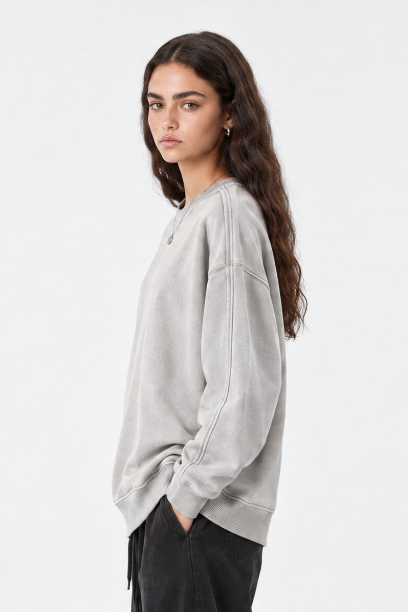 Women Fall Clothing Vintage Wax-Dyed Boxy Crew Sweatshirt