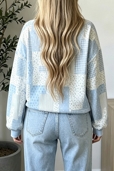 Women Spring Patchwork Print Cropped Mock Neck Sweatshirt