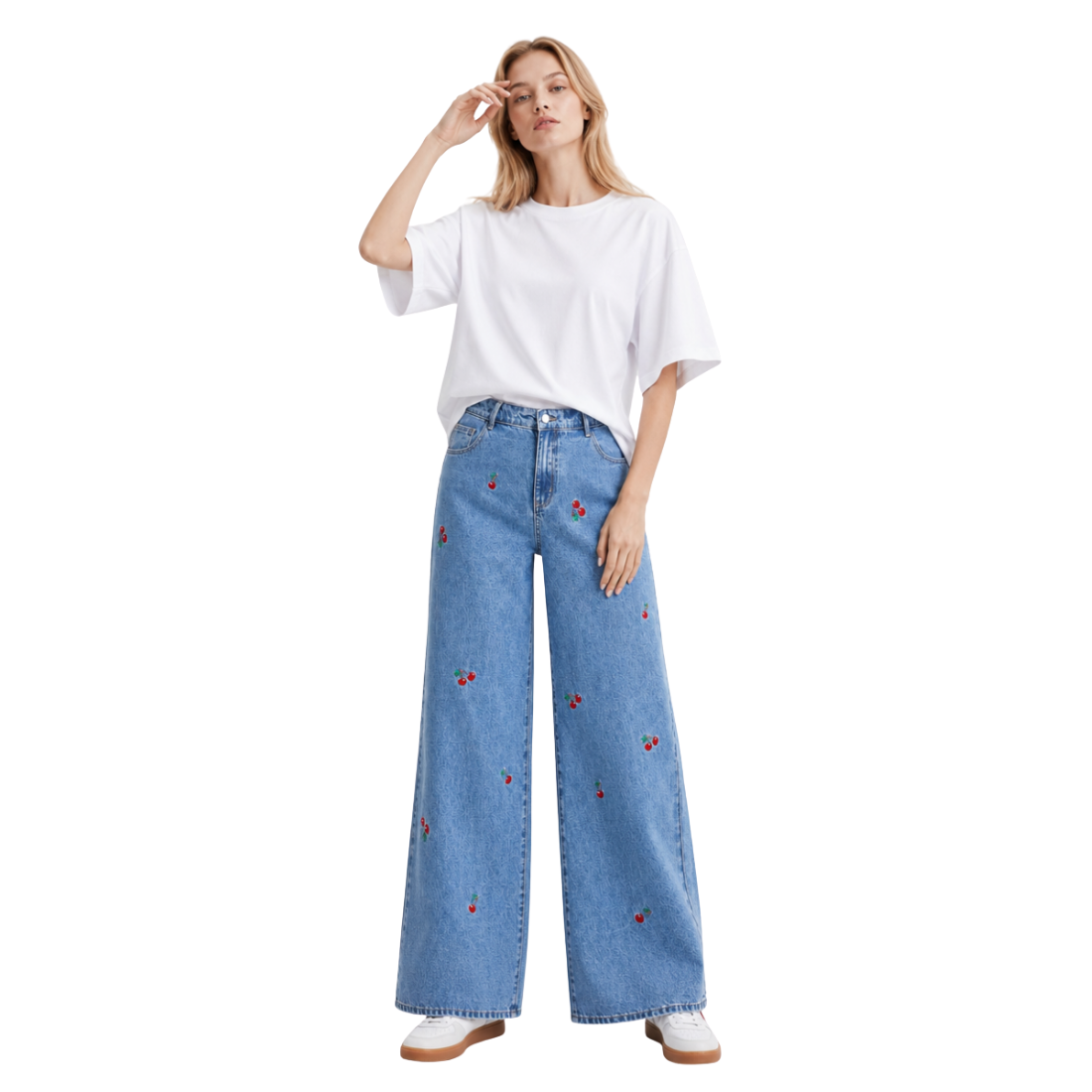 Women's High Waist Cherry Embroidered Wide Leg Jeans