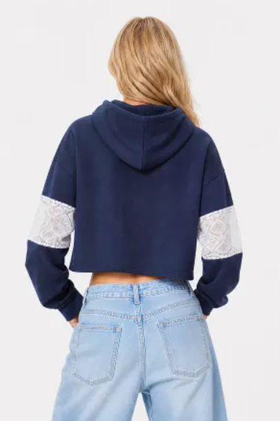 Women Fall Lace Sleeve Cropped Drawstring Pullover Hoodie