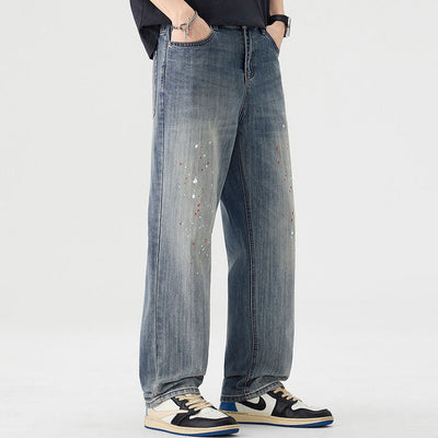 Men's Spring Light Blue Washed Splatter Paint Straight Jeans