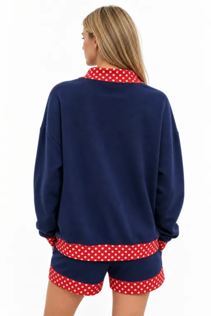 Women Fall Polka Dot Mock Neck Sweatshirt Shorts Set