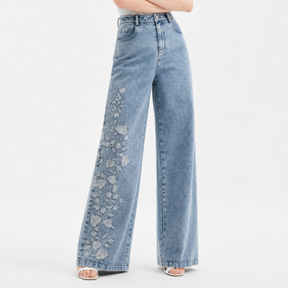 Women's High Waist Floral Embroidered Wide Leg Jeans