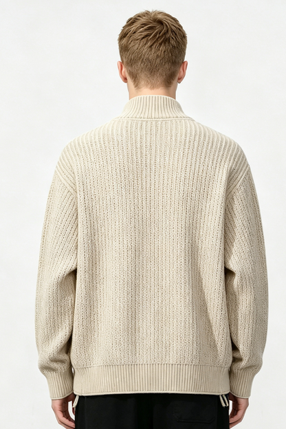 Men's Fall Winter Ribbed Mock-Neck Zip-Up Knit Cardigan