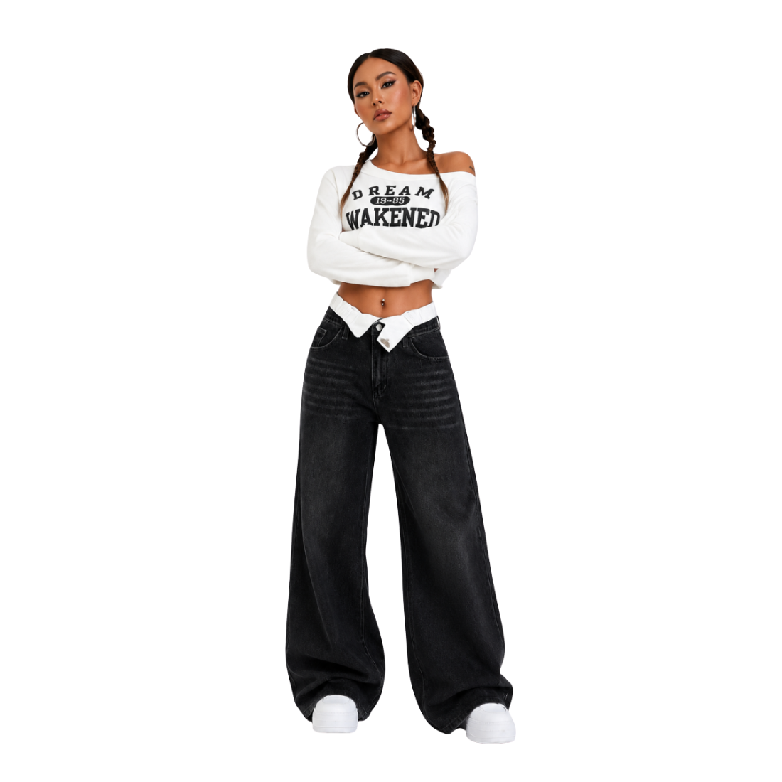 Women's double-waistband loose wide-leg jeans