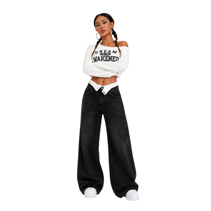 Women's double-waistband loose wide-leg jeans