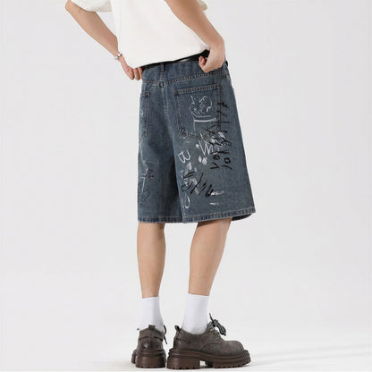 Men's Summer Graffiti Ripped Washed Baggy Denim Shorts