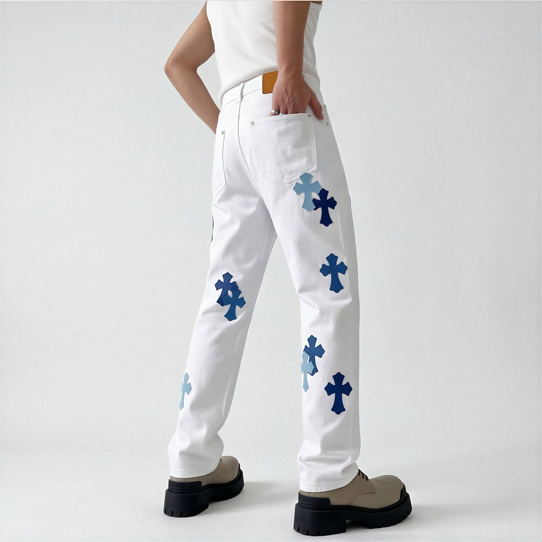 Men's Spring White Cross Patch Wide-Leg Denim Jeans