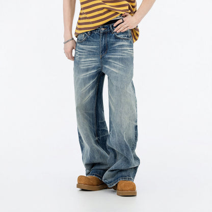 Men's Spring Vintage Blue Cat Whisker Wide-Leg Denim Jeans