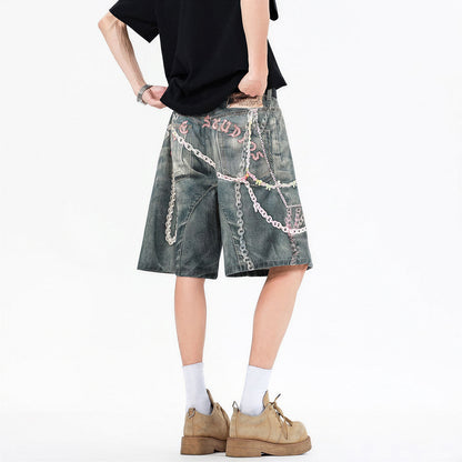 Men's Summer Vintage Washed Graffiti Print Denim Shorts